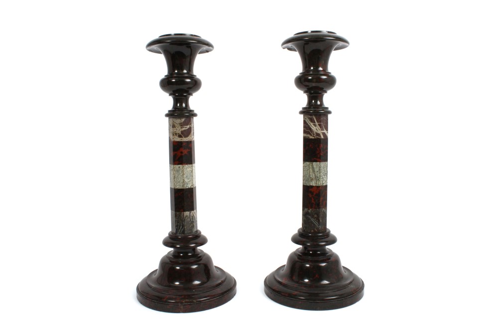 Pair late 19th century serpentine marble candlesticks with turned and facet cut decoration,