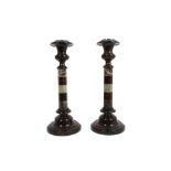 Pair late 19th century serpentine marble candlesticks with turned and facet cut decoration,