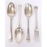 Three mid-18th century silver Hanoverian pattern tablespoons - one with engraved initials,