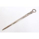 Contemporary silver letter-opener in the form of a meat skewer with plain loop terminal (Sheffield