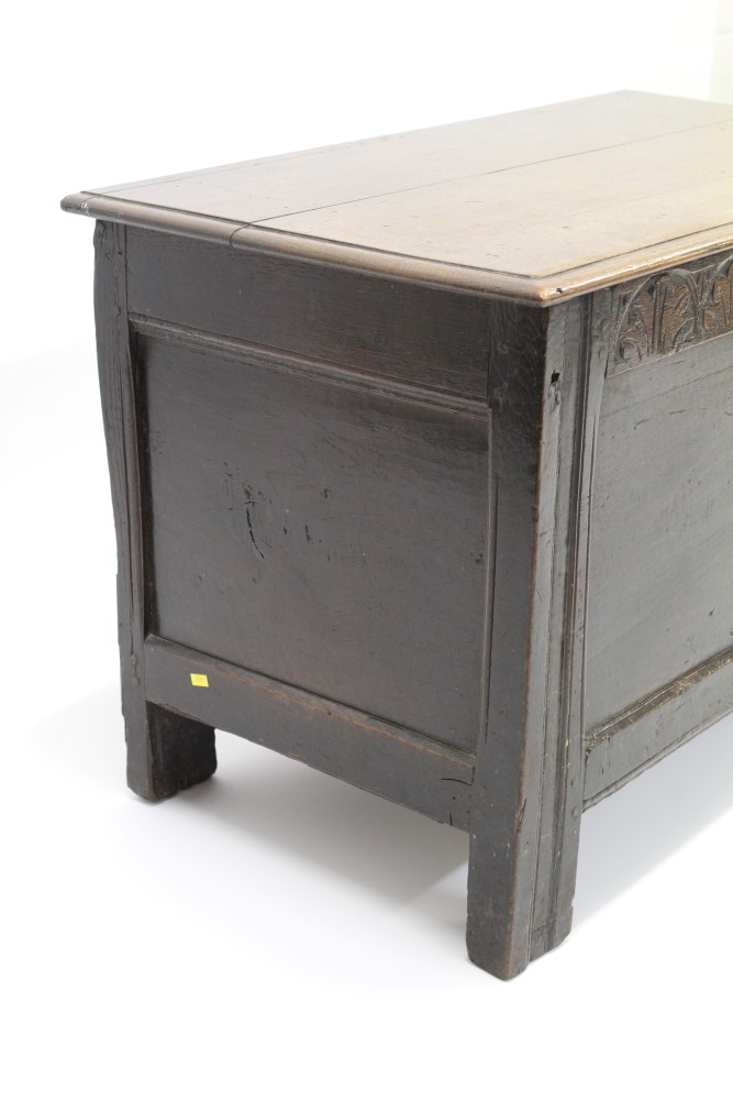 17th century oak coffer of small size, associated plank top with moulded edge, - Image 4 of 6