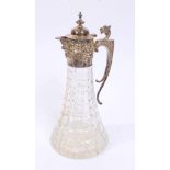 Contemporary silver mounted hobnail cut glass claret jug of tapering form,