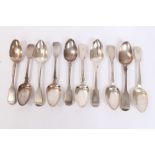 Ten Georgian and Victorian silver fiddle pattern dessert spoons with engraved Noon family crest