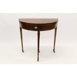 Edwardian mahogany and line-inlaid demi-lune card table with baize-lined playing surface,