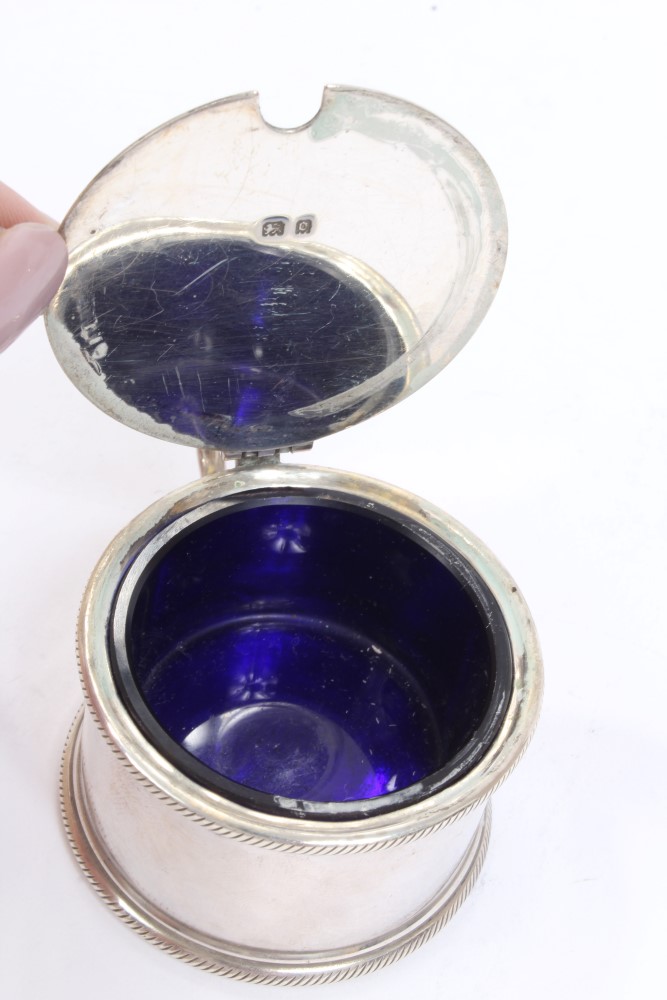 Four early 20th century silver mustard pots with blue glass liners, three hallmarked - Chester, - Image 3 of 13