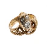 Victorian-style snake ring with three brilliant cut diamonds to the head and entwined gold body.