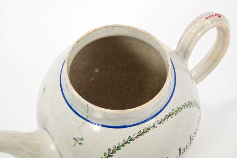 18th century English pearlware teapot and cover with 'Elizabeth Jackson 1781' within wreath and - Image 3 of 4