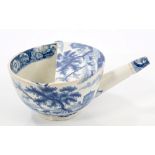 Early 19th century pearlware blue and white invalid feeder with side handle and straight spout -