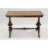 Victorian figured walnut stretcher table with rounded rectangular top on lobed knopped supports,