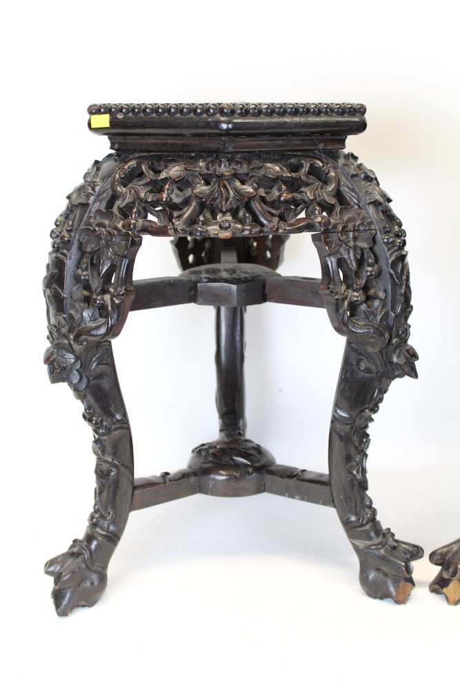 Pair of late 19th / early 20th century Chinese carved hardwood and marble inset urn stands, - Image 4 of 5