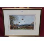 Brian Fensome, contemporary watercolour - pheasants in flight through woodland, signed,