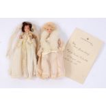 HM Queen Mary - two composition dolls in ball gowns with note on Marlborough House S.W.1.
