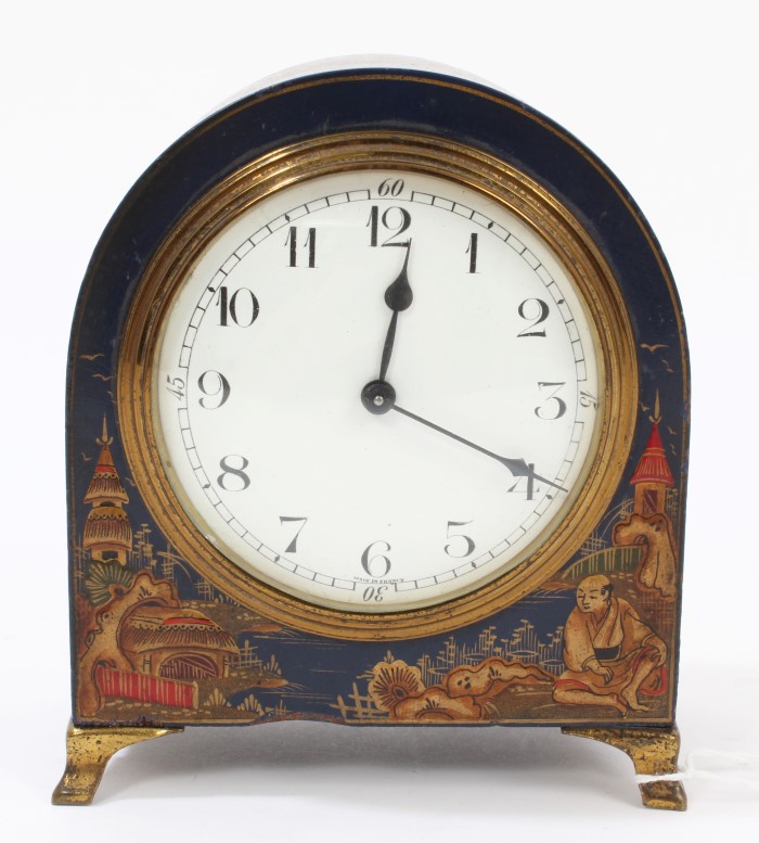 1920s French mantel timepiece with white enamel dial in dome-topped blue lacquer chinoiserie