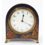 1920s French mantel timepiece with white enamel dial in dome-topped blue lacquer chinoiserie