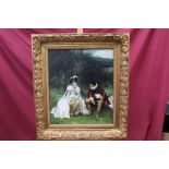 Antique-style decorative oil on canvas - a lady and gentleman, in period dress,