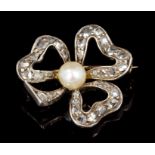 Late Victorian cultured pearl and diamond brooch in the form of a clover-leaf,