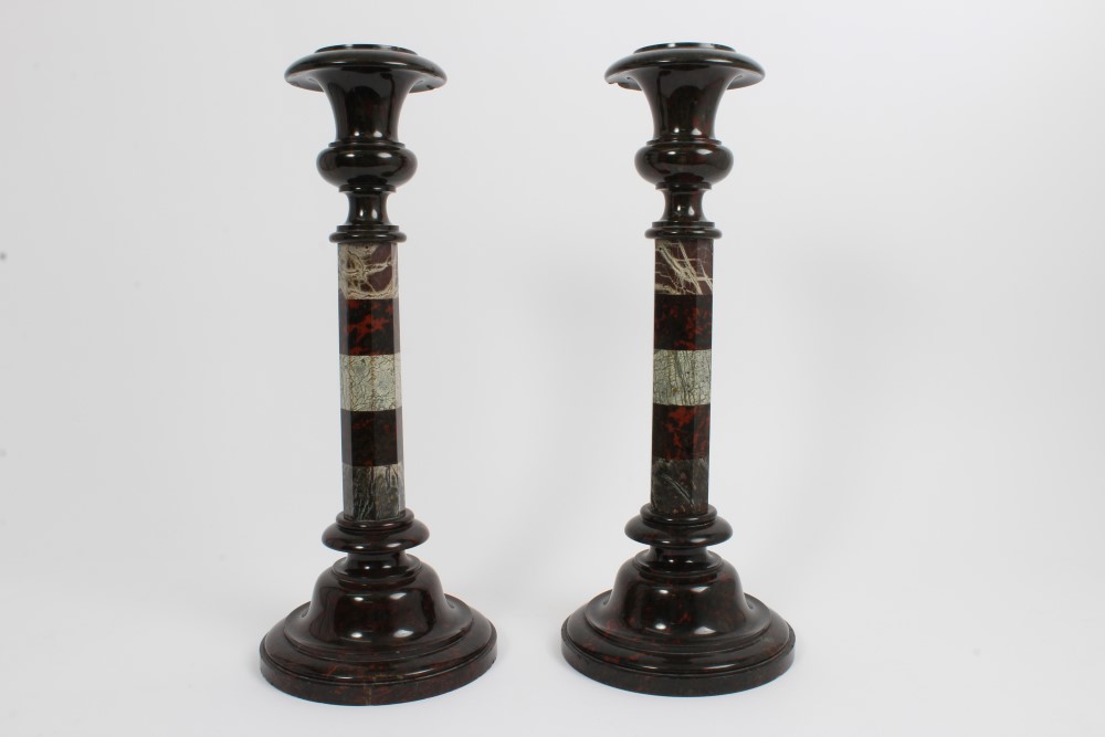 Pair late 19th century serpentine marble candlesticks with turned and facet cut decoration, - Image 2 of 4