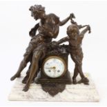 Early 20th century French bronzed spelter mantel clock with figure mounts,