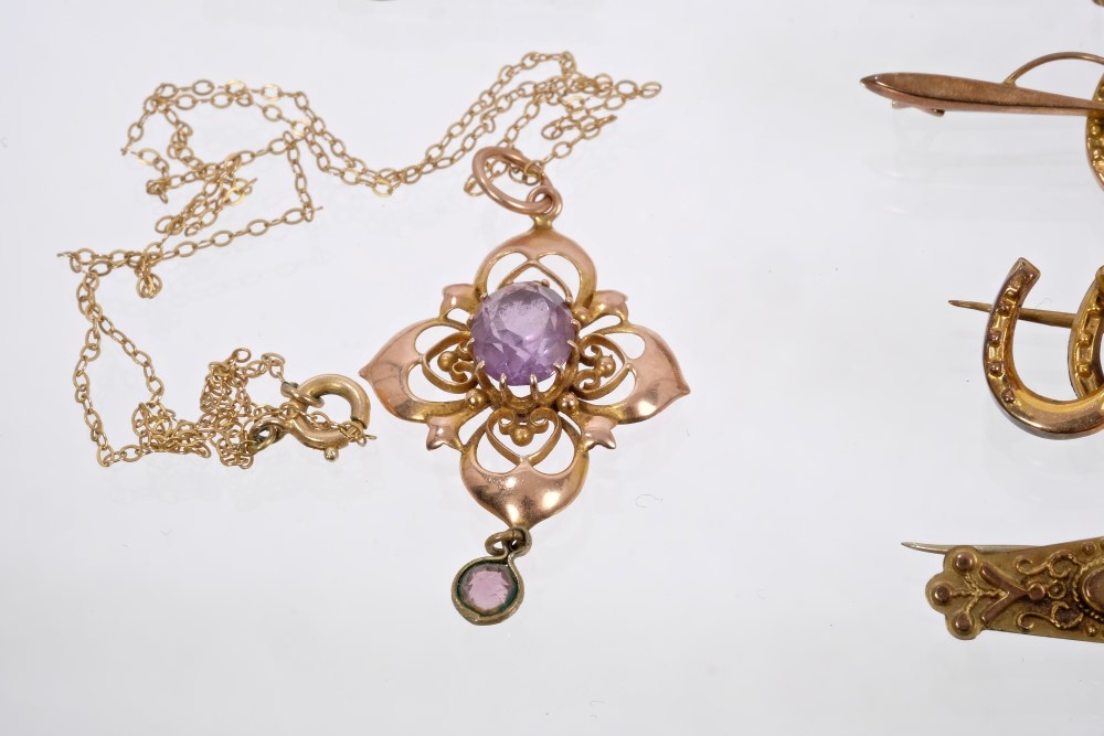 Three Edwardian gold and gem set pendants on chains and nine Victorian and Edwardian gold bar - Image 3 of 6