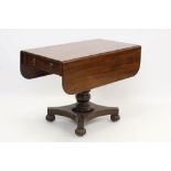 William IV mahogany sofa table, reeded rectangular drop-leaf top above end frieze drawers,