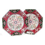Pair unusual 18th century Chinese export famille noire and famille rose palette octagonal plates,