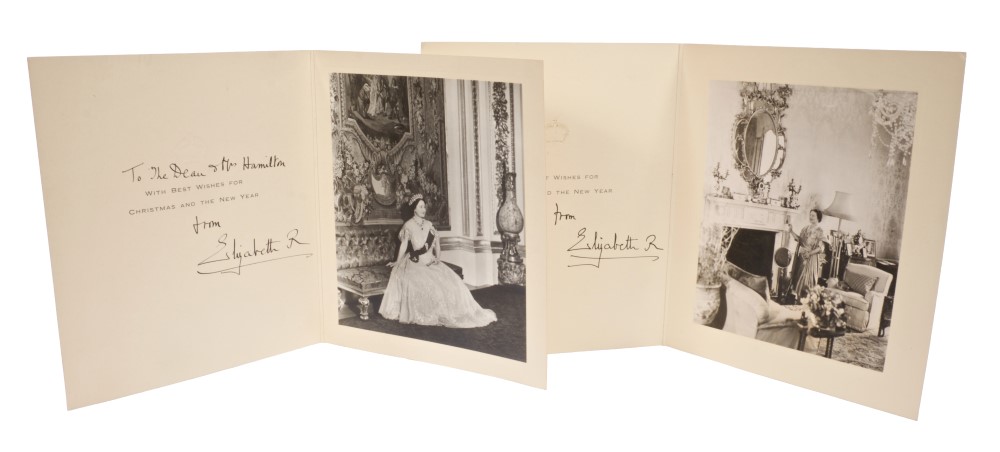 HM Queen Elizabeth The Queen Mother - two signed 1950s Christmas cards,