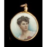 Edwardian portrait miniature of a lady, in a glazed locket mount with 9ct gold frame,