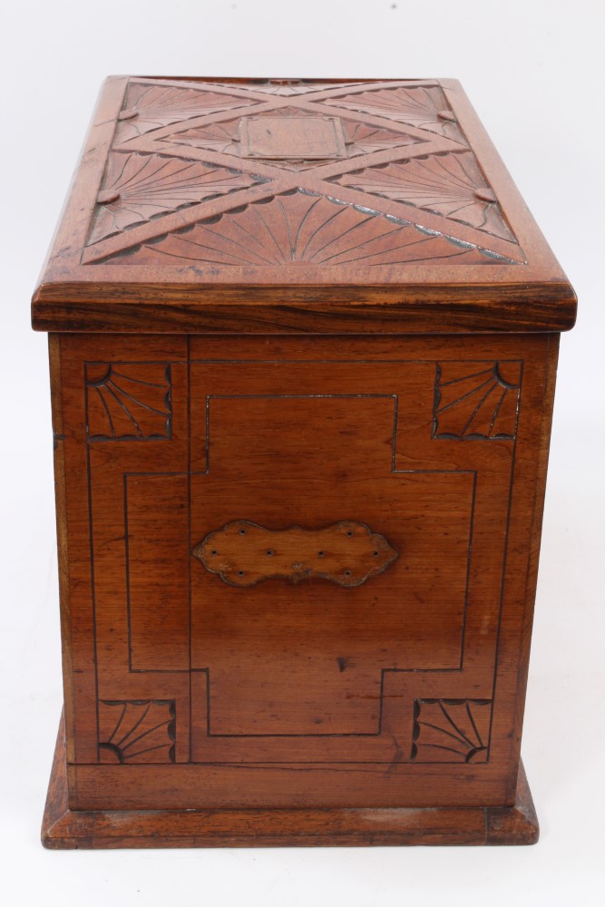 Good quality late 19th century walnut writing box with carved domed hinged cover and floral - Image 5 of 8