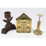 Unusual Victorian brass money box with embossed building facade, titled - 'Bank', 17cm high,