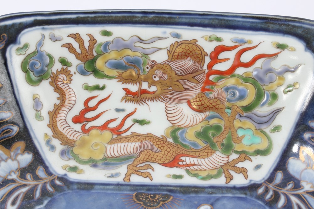 Late 19th century Japanese porcelain dish with raised polychrome decorated dragon, - Image 2 of 6