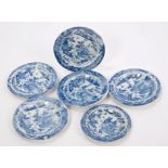 Six early 19th century pearlware dolls' house miniature plates with printed Chinese landscape