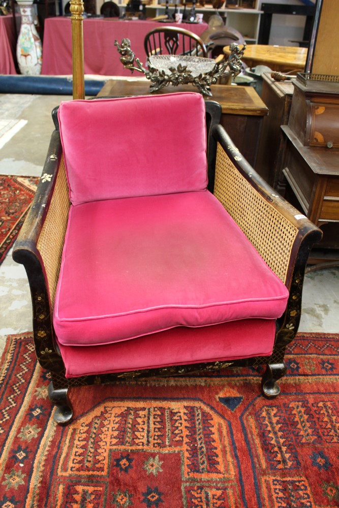 1920s chinoiserie black lacquered bergère suite - comprising sofa and two deep armchairs, - Image 3 of 4