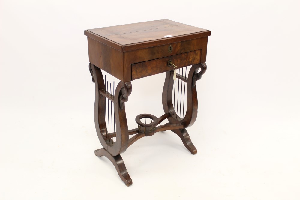 Mid-19th century French mahogany dressing table with hinged top enclosing mirror and lidded