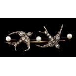 Late Victorian diamond and pearl bar brooch depicting two birds in flight,