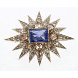 Victorian-style sapphire and diamond star brooch with a central rectangular facet cut Natural