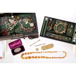 Victorian jewellery box containing various antique jewellery and bijouterie