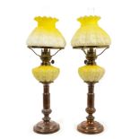 Good pair of Victorian opaque glass and Old Sheffield Plate peg lamps - each with lemon glass shade