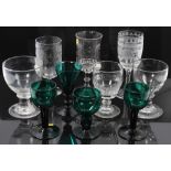 George IV glass rummer with diamond cut decoration, two others,