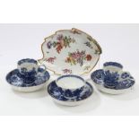 Pair late 18th century Chinese export blue and white coffee cans and saucers with painted pagoda in