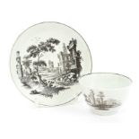 18th century Worcester Hancock black printed tea bowl and saucer decorated with castle and