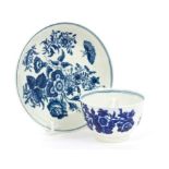 18th century Worcester blue and white Three Flowers pattern tea bowl and saucer - blue crescent