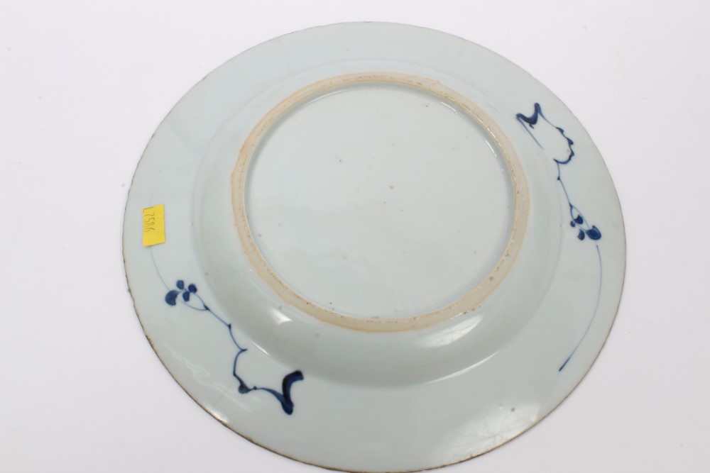 Three 18th century Chinese export blue and white plates with painted floral decoration and precious - Image 8 of 13
