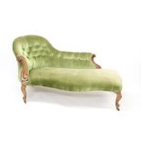 Victorian mahogany chaise longue button-upholstered back and swollen show-wood frame,