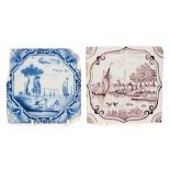 Two 18th century English Delft tiles - in blue and white and manganese,