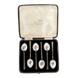 Set of six late 1930s Art Deco-style silver teaspoons with cloisonné and floral enamel decoration,