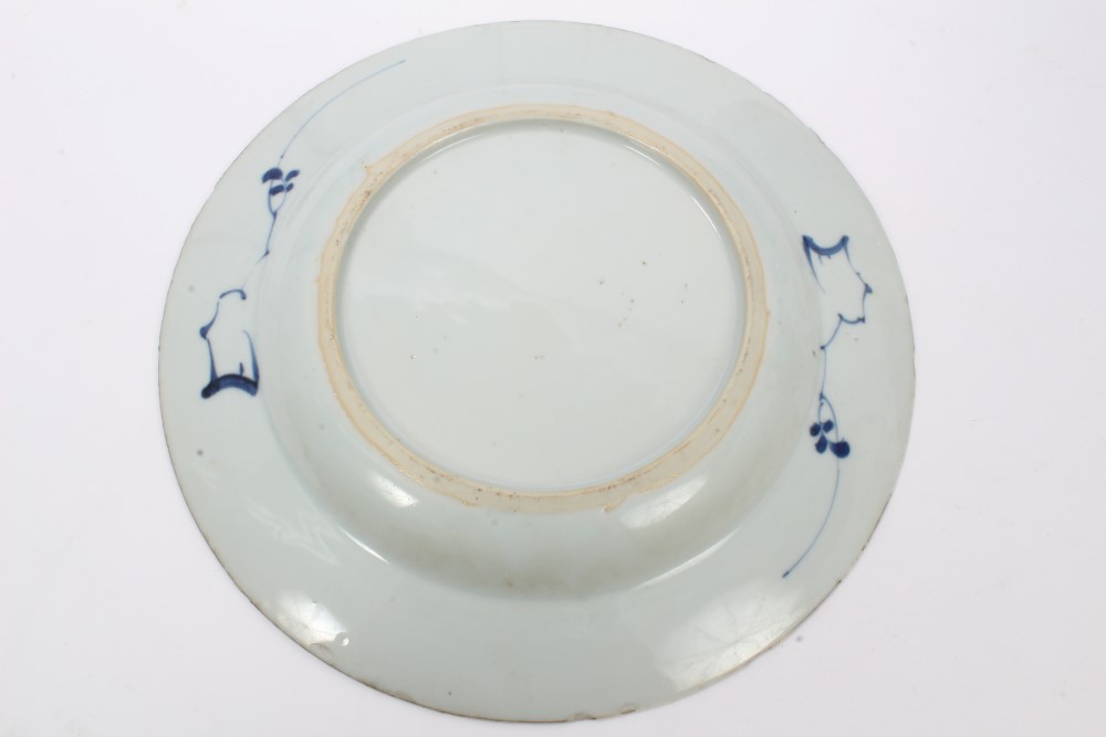 Three 18th century Chinese export blue and white plates with painted floral decoration and precious - Image 6 of 13