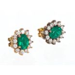 Pair emerald and diamond cluster earrings,
