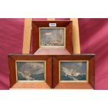 Three Victorian hand-coloured engravings - shipping in rough seas, in mahogany frames,