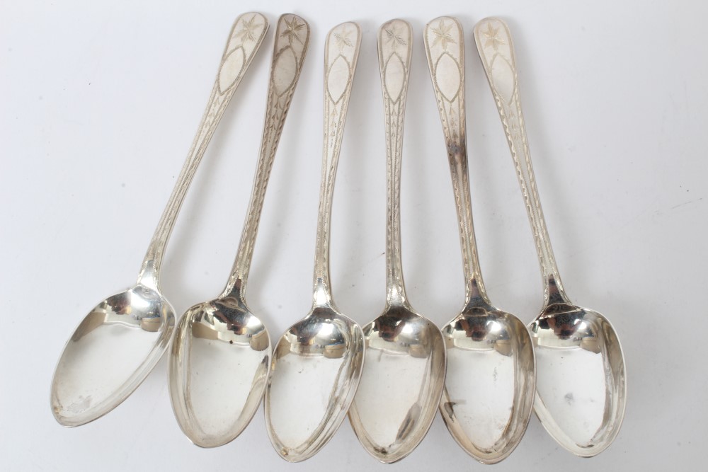 Set of six Victorian Irish silver Old English rattail pattern pudding spoons with bright cut - Image 5 of 7