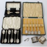 Selection of miscellaneous silver - including a cased condiment spoon, two napkin rings,